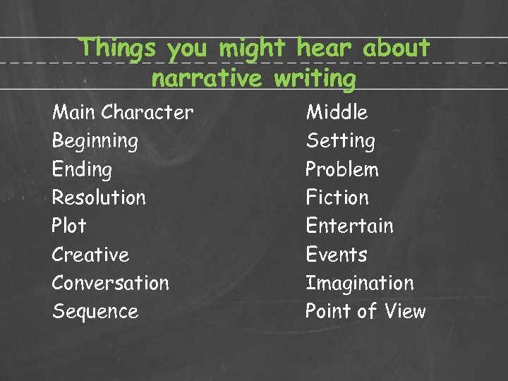 Things you might hear about narrative writing Main Character Beginning Ending Resolution Plot Creative