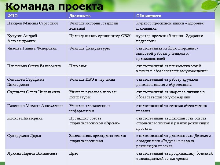 Должности в проекте