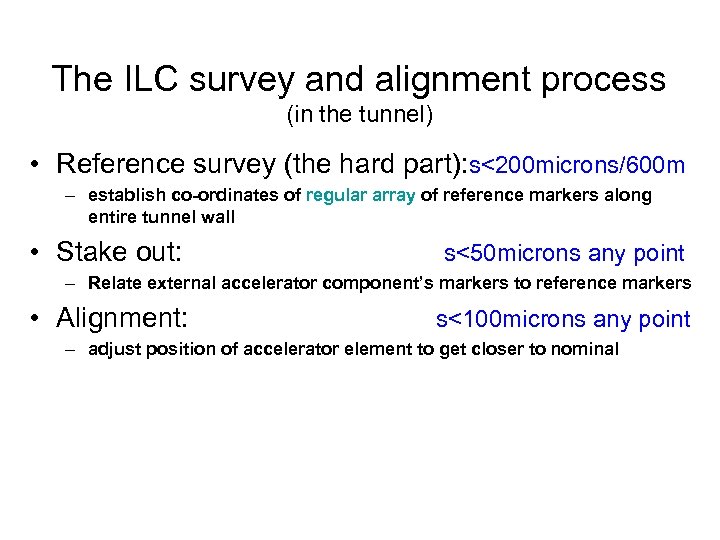 The ILC survey and alignment process (in the tunnel) • Reference survey (the hard