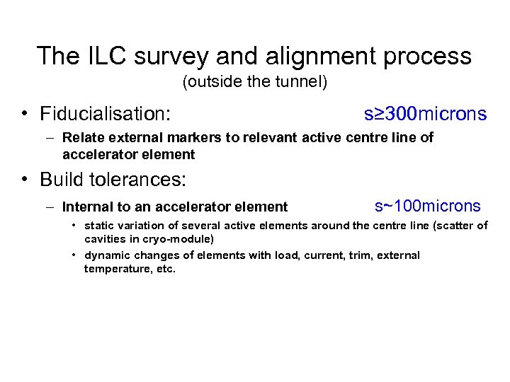 The ILC survey and alignment process (outside the tunnel) • Fiducialisation: s≥ 300 microns