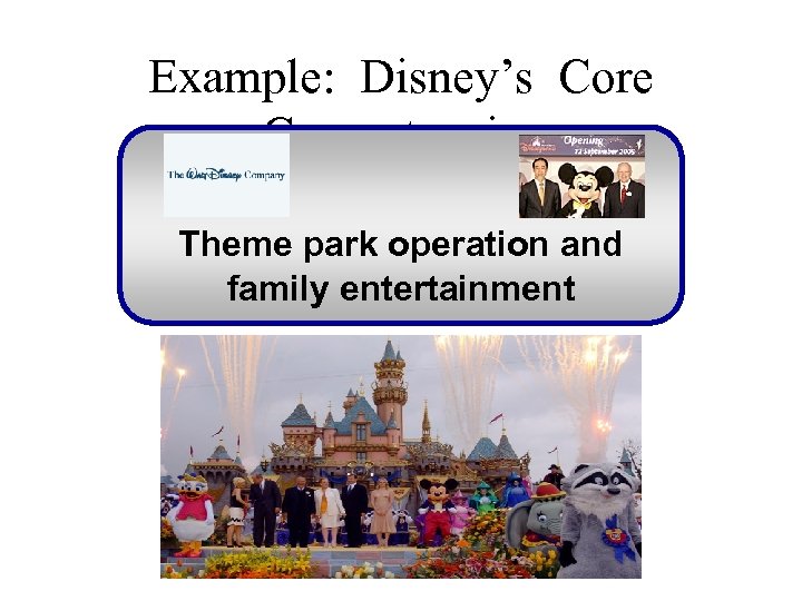 Example: Disney’s Core Competencies Theme park operation and family entertainment 