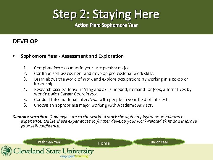 Step 2: Staying Here Action Plan: Sophomore Year DEVELOP • Sophomore Year - Assessment