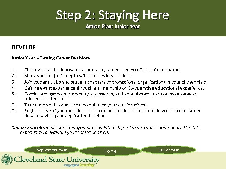 Step 2: Staying Here Action Plan: Junior Year DEVELOP Junior Year - Testing Career