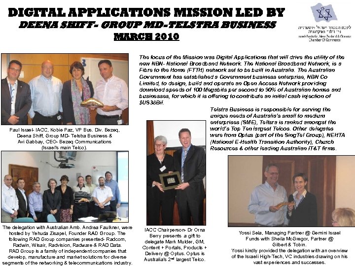 DIGITAL APPLICATIONS MISSION LED BY DEENA SHIFF- GROUP MD-TELSTRA BUSINESS MARCH 2010 Paul Israel-