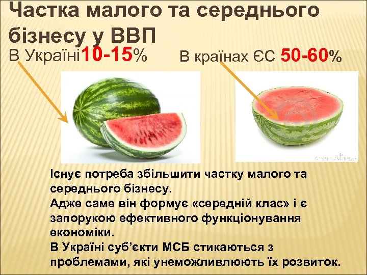 Частка малого та середнього бізнесу у ВВП В Україні 10 -15% В країнах ЄС