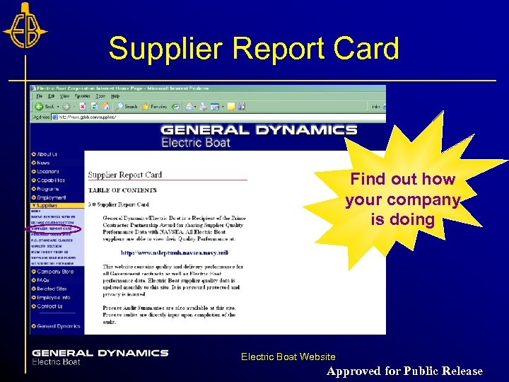 Supplier Report Card Find out how your company is doing Electric Boat Website Approved