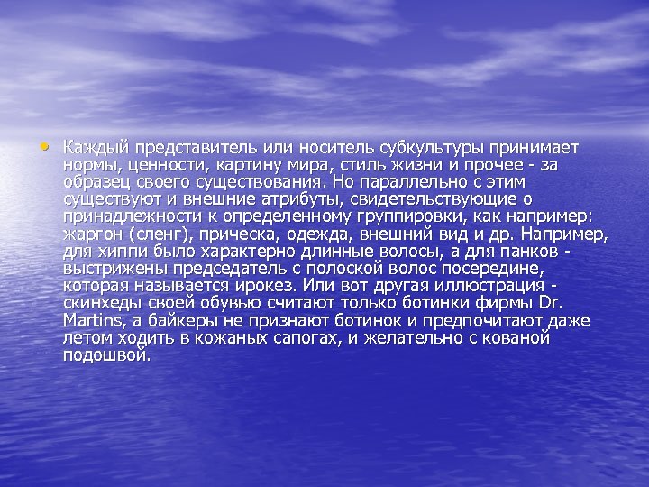  • Каждый представитель или носитель субкультуры принимает нормы, ценности, картину мира, стиль жизни