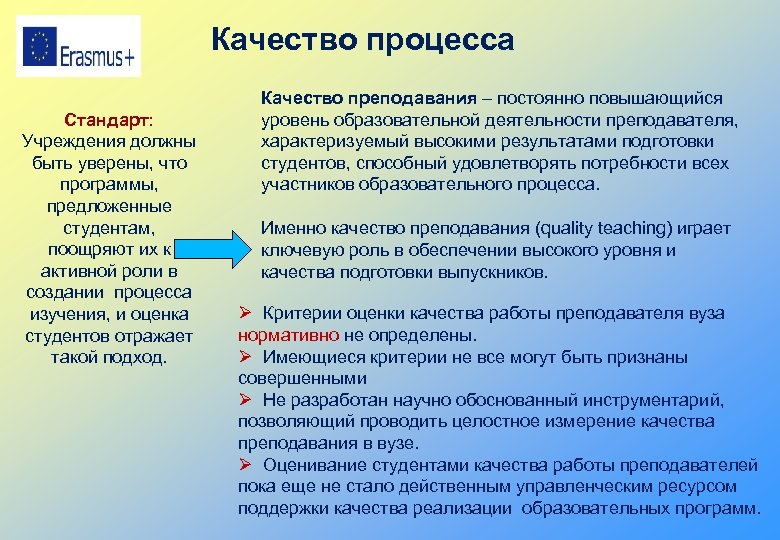 Качество процесса Стандарт: Учреждения должны быть уверены, что программы, предложенные студентам, поощряют их к