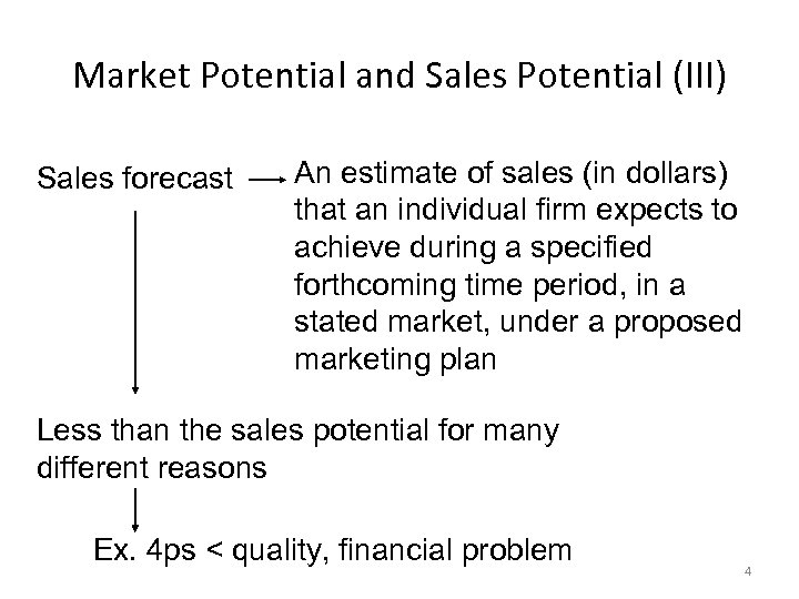 Market Potential and Sales Potential (III) Sales forecast An estimate of sales (in dollars)