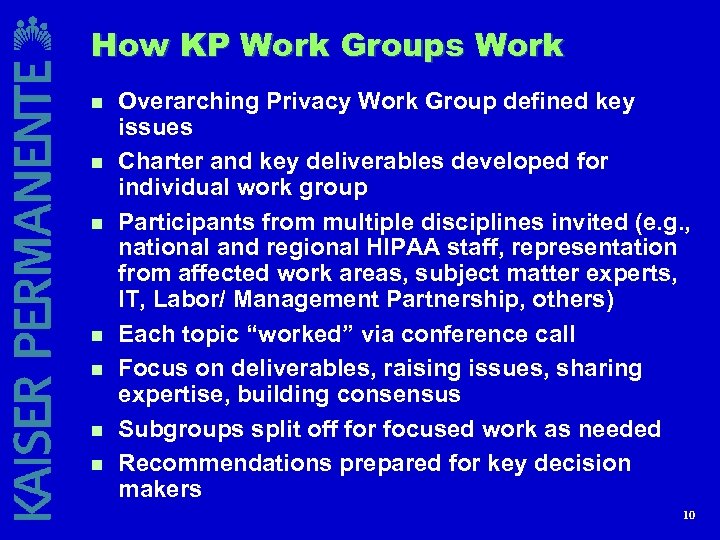How KP Work Groups Work n n n n Overarching Privacy Work Group defined