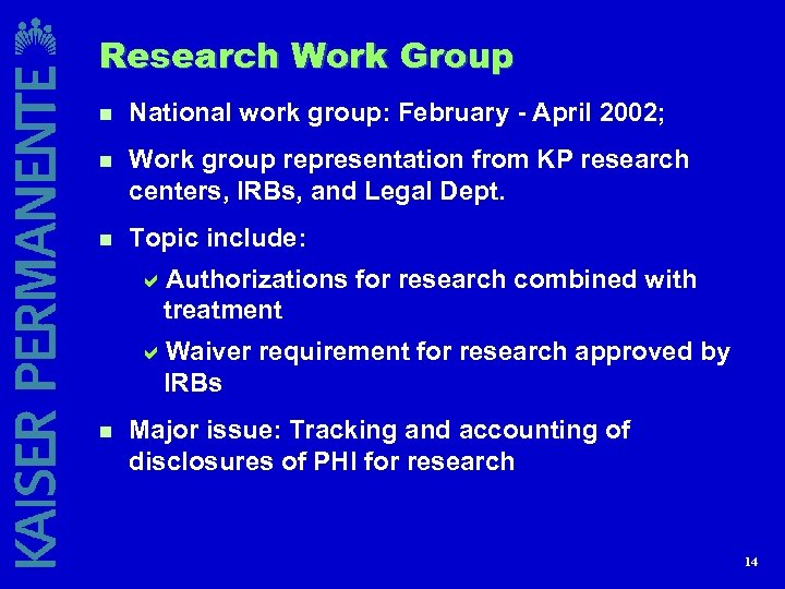 Research Work Group n National work group: February - April 2002; n Work group