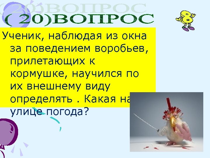 Ученик, наблюдая из окна за поведением воробьев, прилетающих к кормушке, научился по их внешнему