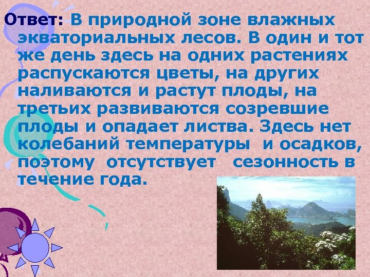 Ответ: В природной зоне влажных экваториальных лесов. В один и тот же день здесь