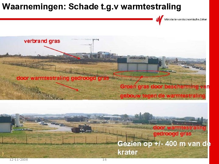 Waarnemingen: Schade t. g. v warmtestraling verbrand gras door warmtestraling gedroogd gras Groen gras