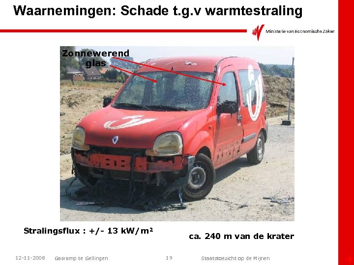 Waarnemingen: Schade t. g. v warmtestraling Zonnewerend glas Stralingsflux : +/- 13 k. W/m²