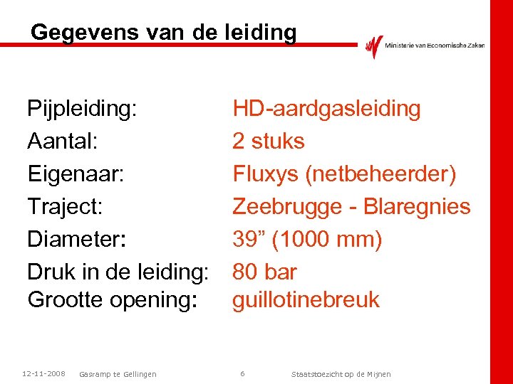 Gegevens van de leiding Pijpleiding: Aantal: Eigenaar: Traject: Diameter: Druk in de leiding: Grootte