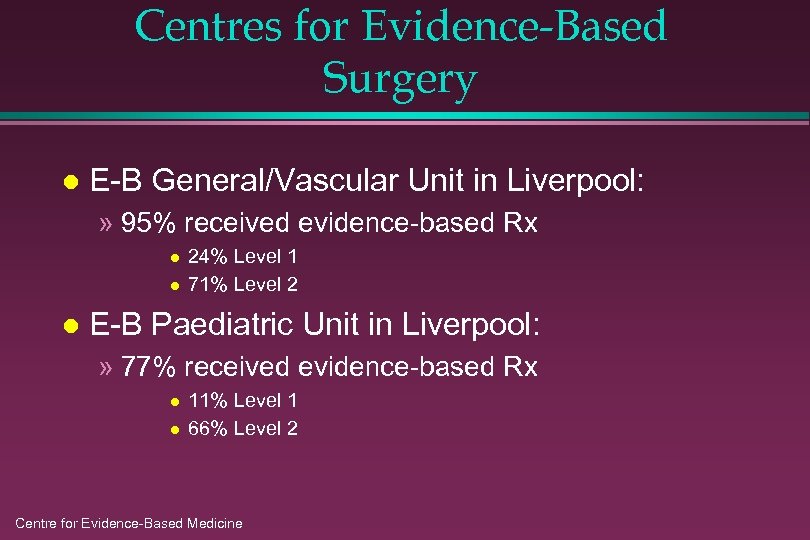 Centres for Evidence-Based Surgery l E-B General/Vascular Unit in Liverpool: » 95% received evidence-based