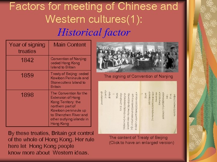 Factors for meeting of Chinese and Western cultures(1): Historical factor Year of signing treaties
