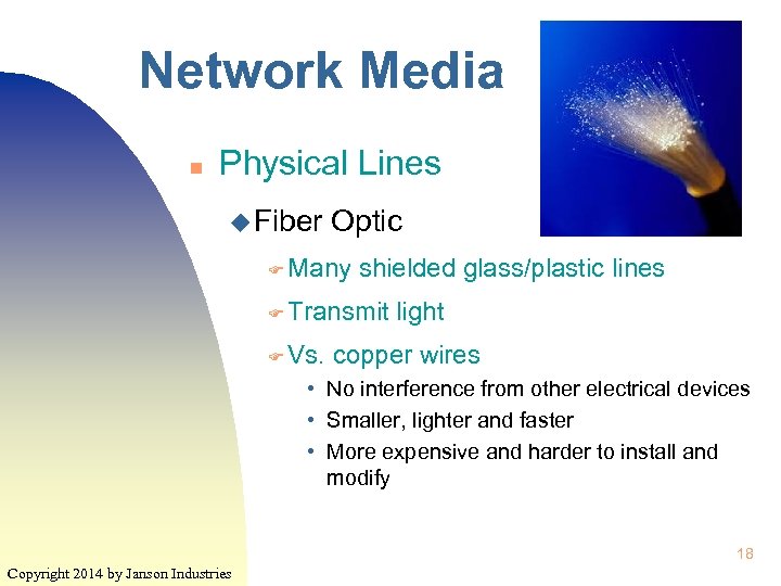 Network Media n Physical Lines u Fiber Optic F Many shielded glass/plastic lines F