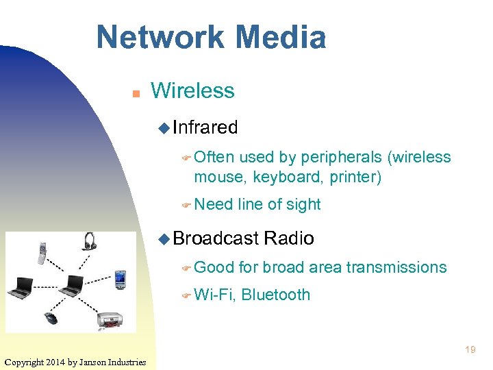 Network Media n Wireless u Infrared F Often used by peripherals (wireless mouse, keyboard,