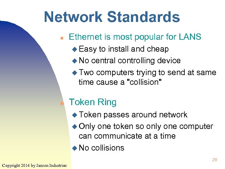 Network Standards n Ethernet is most popular for LANS u Easy to install and
