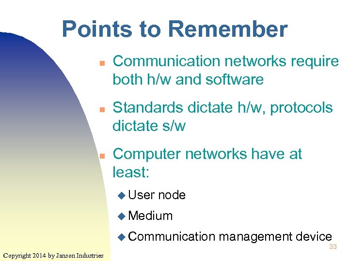 Points to Remember n n n Communication networks require both h/w and software Standards