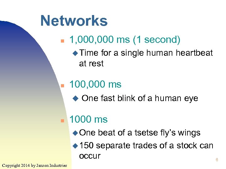 Networks n 1, 000 ms (1 second) u Time for a single human heartbeat