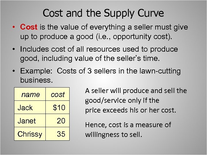 Cost and the Supply Curve • Cost is the value of everything a seller