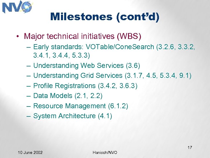 Milestones (cont’d) • Major technical initiatives (WBS) – Early standards: VOTable/Cone. Search (3. 2.