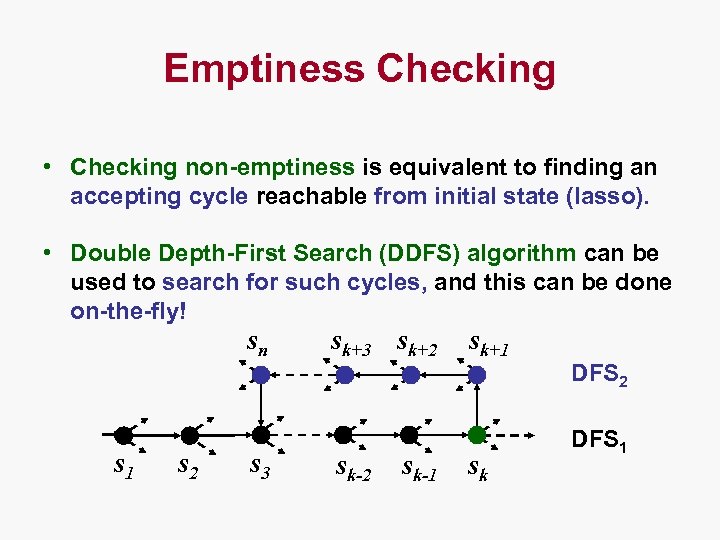 Emptiness Checking • Checking non-emptiness is equivalent to finding an accepting cycle reachable from