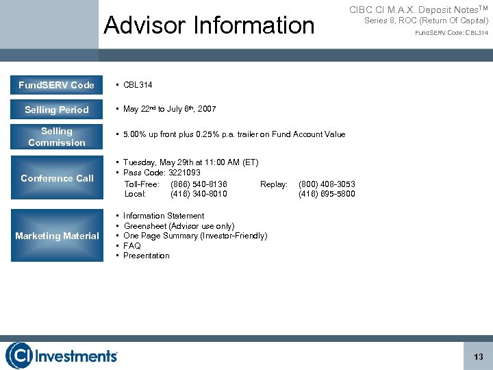 Advisor Information Fund. SERV Code Selling Period Selling Commission Conference Call Marketing Material CIBC