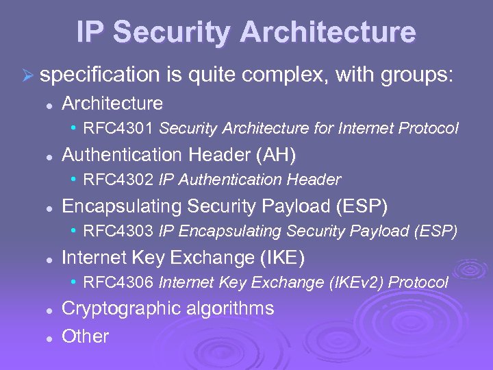 IP Security Architecture Ø specification is quite complex, with groups: l Architecture • RFC