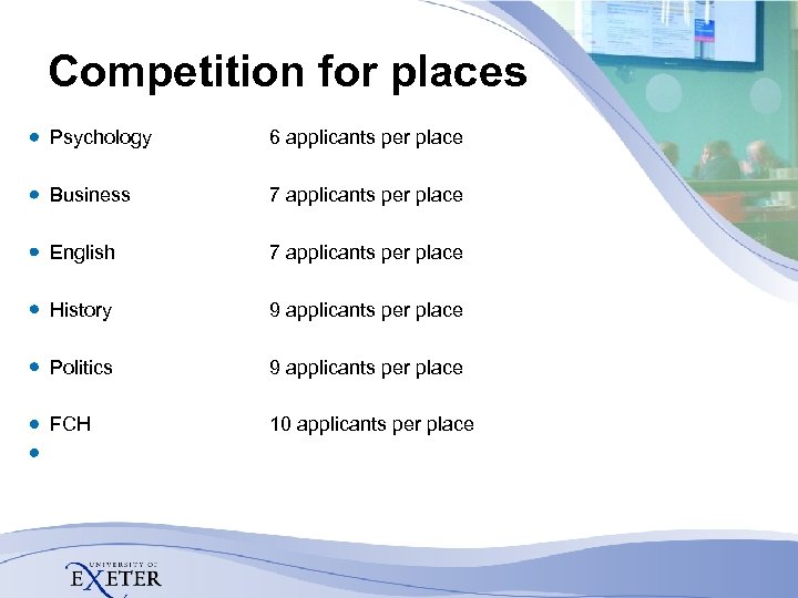 Competition for places Psychology 6 applicants per place Business 7 applicants per place English
