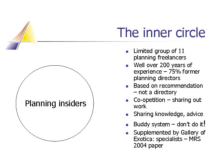 The inner circle n n n Planning insiders n n Limited group of 11