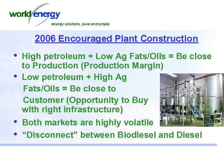 2006 Encouraged Plant Construction • • High petroleum + Low Ag Fats/Oils = Be