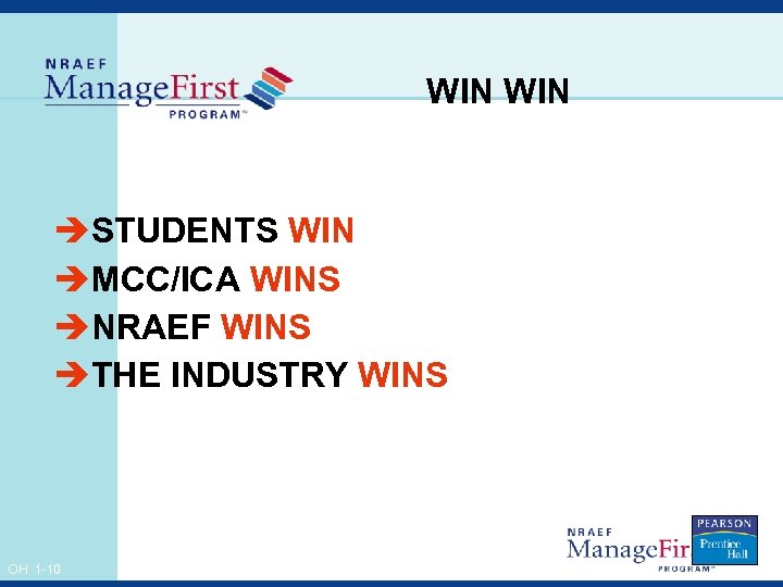 WIN èSTUDENTS WIN èMCC/ICA WINS èNRAEF WINS èTHE INDUSTRY WINS OH 1 -10 