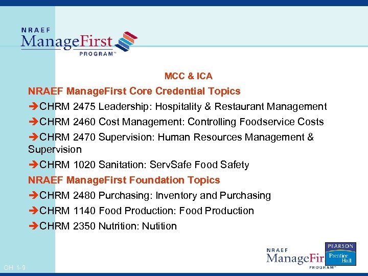 MCC & ICA NRAEF Manage. First Core Credential Topics èCHRM 2475 Leadership: Hospitality &