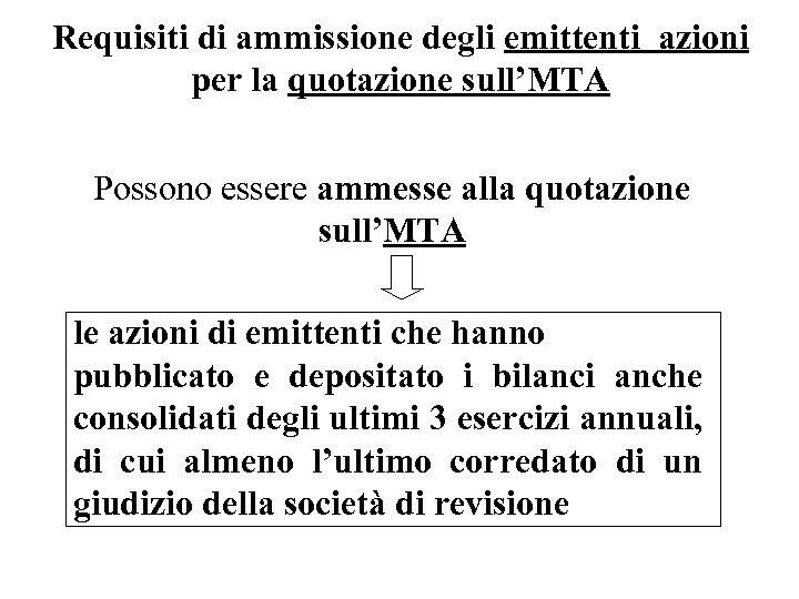 Requisiti di ammissione degli emittenti azioni per la quotazione sull’MTA Possono essere ammesse alla
