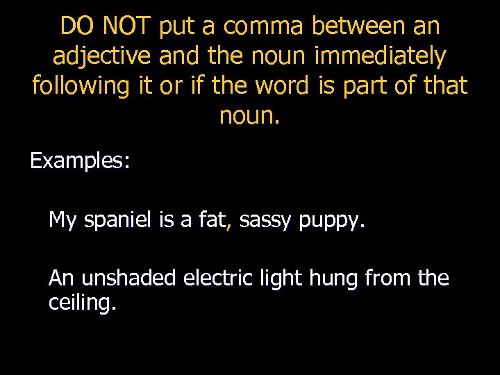 DO NOT put a comma between an adjective and the noun immediately following it