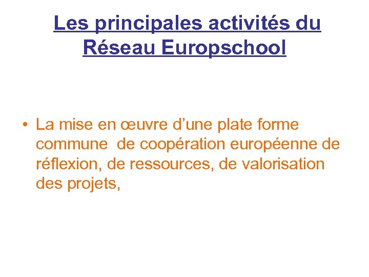  Les principales activités du Réseau Europschool • La mise en œuvre d’une plate