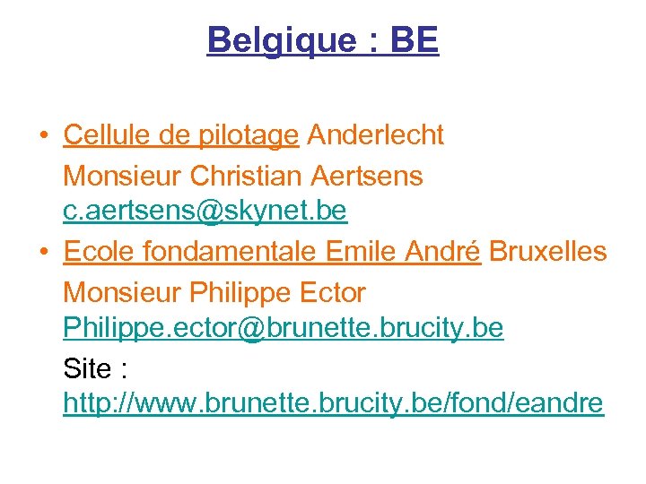 Belgique : BE • Cellule de pilotage Anderlecht Monsieur Christian Aertsens c. aertsens@skynet. be