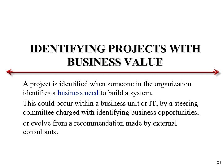 IDENTIFYING PROJECTS WITH BUSINESS VALUE A project is identified when someone in the organization