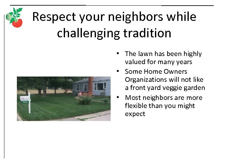 Respect your neighbors while challenging tradition • The lawn has been highly valued for