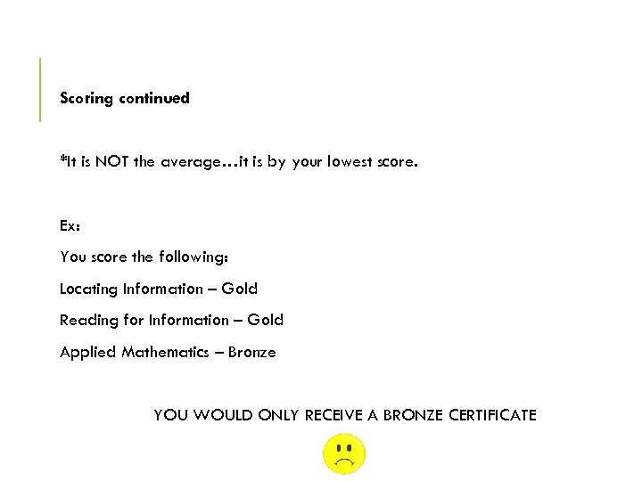 Scoring continued *It is NOT the average…it is by your lowest score. Ex: You