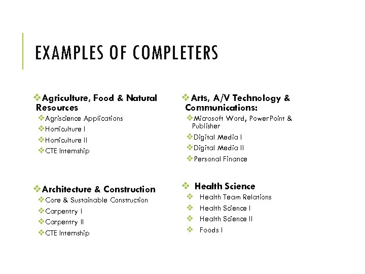 EXAMPLES OF COMPLETERS v. Agriculture, Food & Natural Resources v. Agriscience Applications v. Horticulture