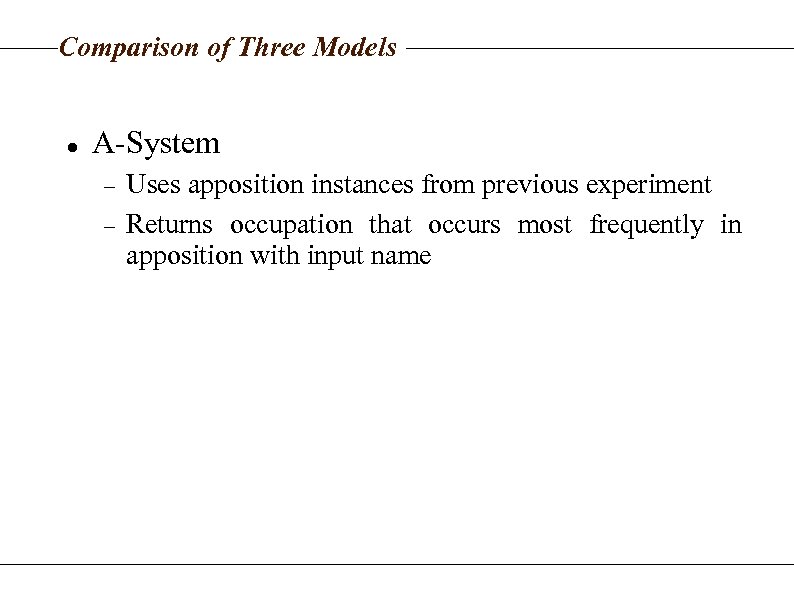 Comparison of Three Models A-System Uses apposition instances from previous experiment Returns occupation that