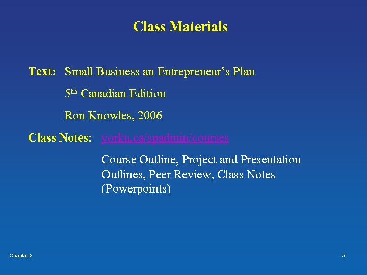 Class Materials Text: Small Business an Entrepreneur’s Plan 5 th Canadian Edition Ron Knowles,