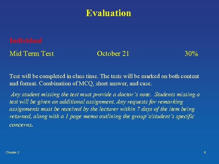 Evaluation Individual Mid Term Test October 21 30% Test will be completed in class