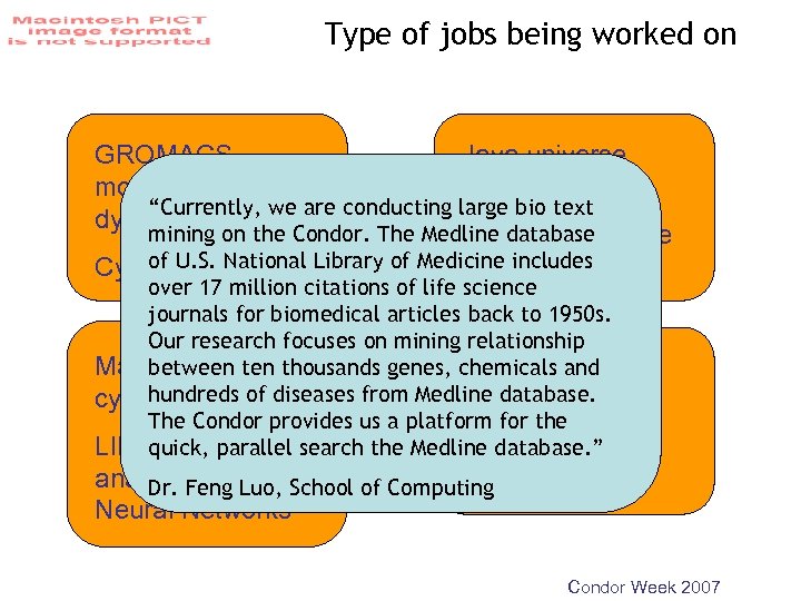 Type of jobs being worked on GROMACS, Java universe molecular Text mining “Currently, we