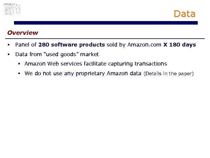 Data Overview § Panel of 280 software products sold by Amazon. com X 180